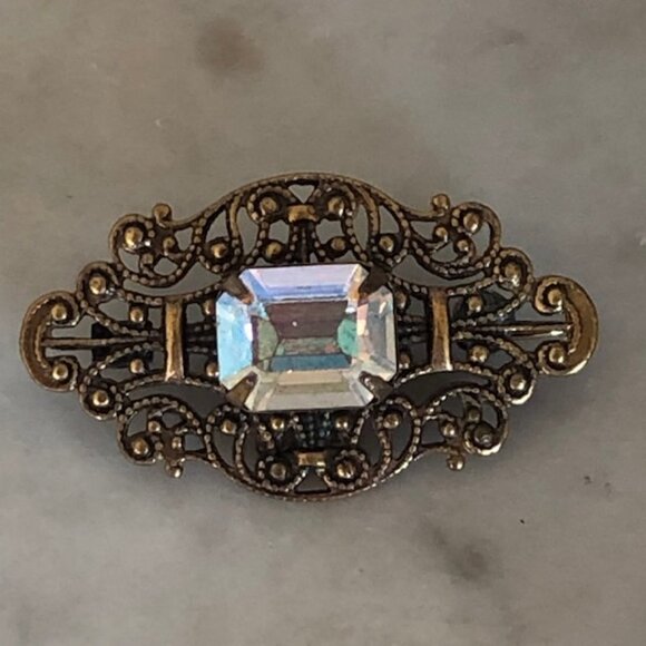 SADIE GREEN Signed Filigree Rectangle Crystal Brooch Pin Vintage - Picture 7 of 15